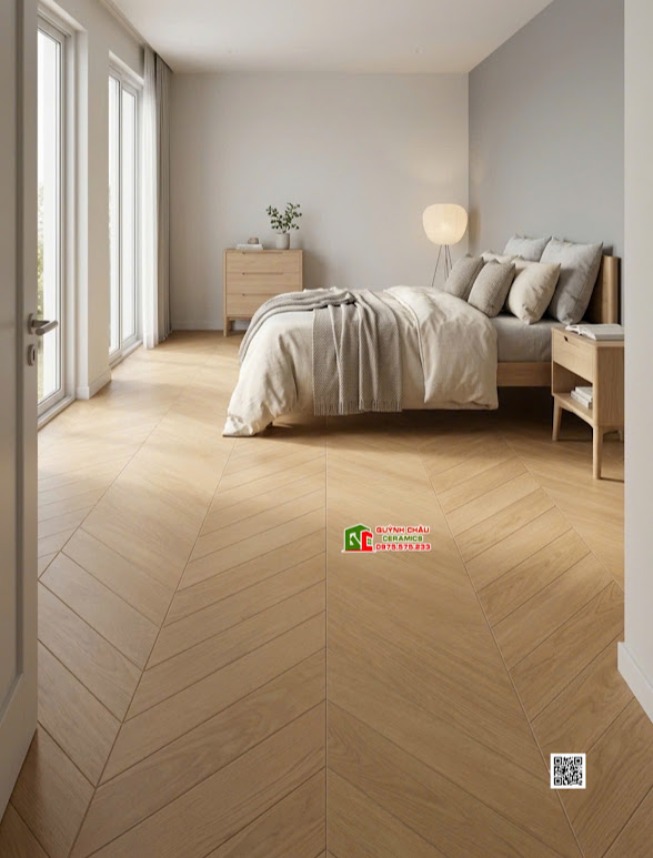 Gạch khổ lớn lát phòng ngủ vân gỗ xương cá 60x120cm