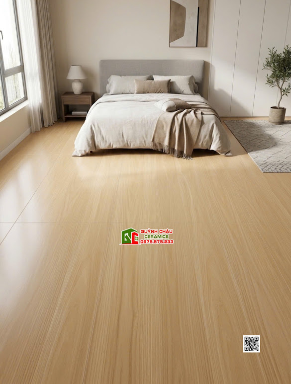 Gạch vân gỗ sồi vàng lát phòng ngủ 60x120cm