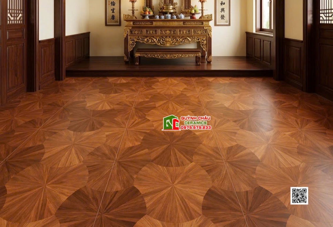 Gạch giả gỗ họa tiết lá sen lát phòng thờ 60x120cm
