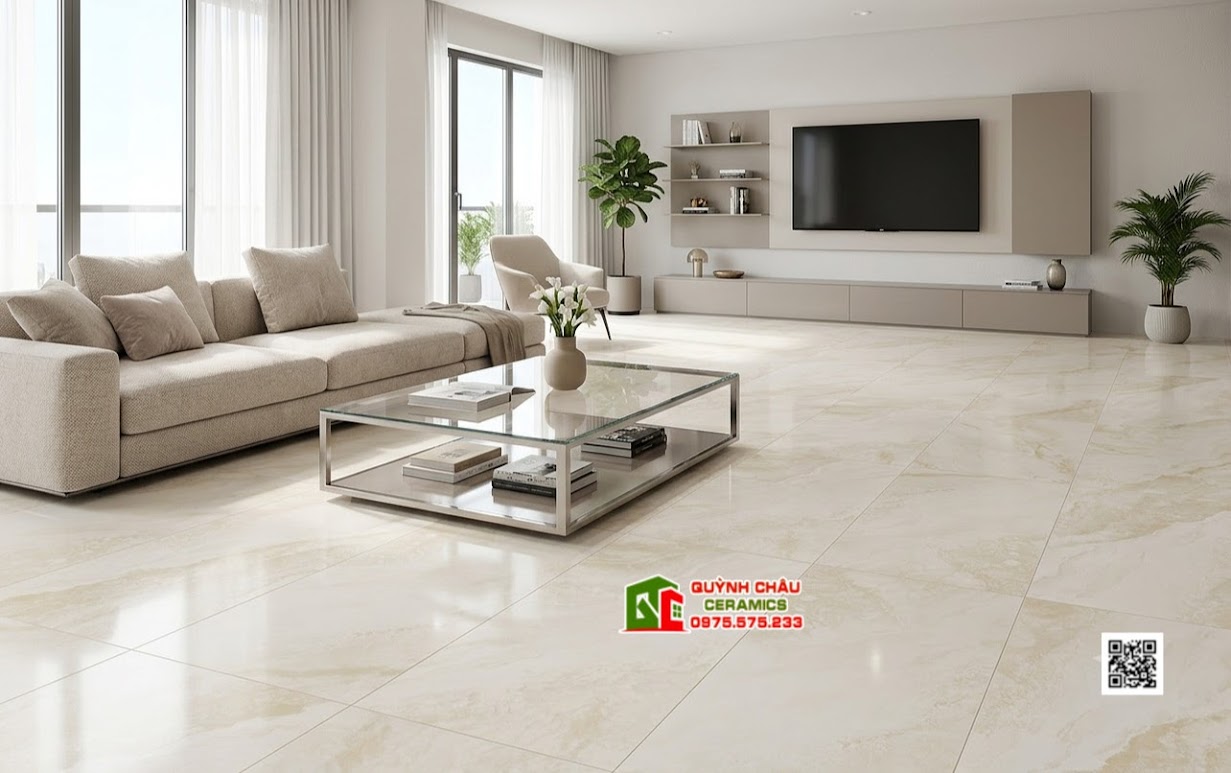 Gạch lát phòng khách 60x120 mờ mịn kem vân đá