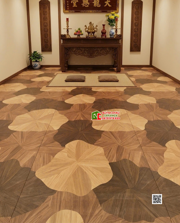 Gạch họa tiết lá sen lát nền phòng thờ 60x120cm 