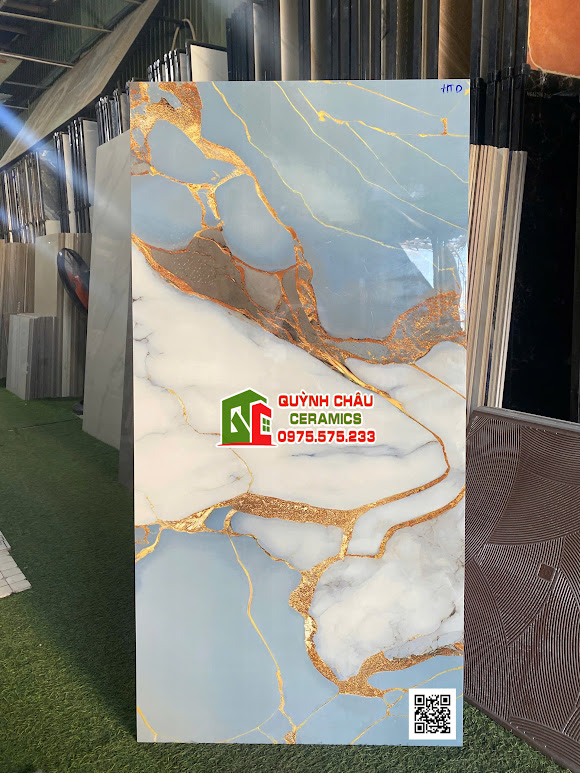 Gạch ấn độ 60x120 vân đá nhũ vàng trắng siêu bóng