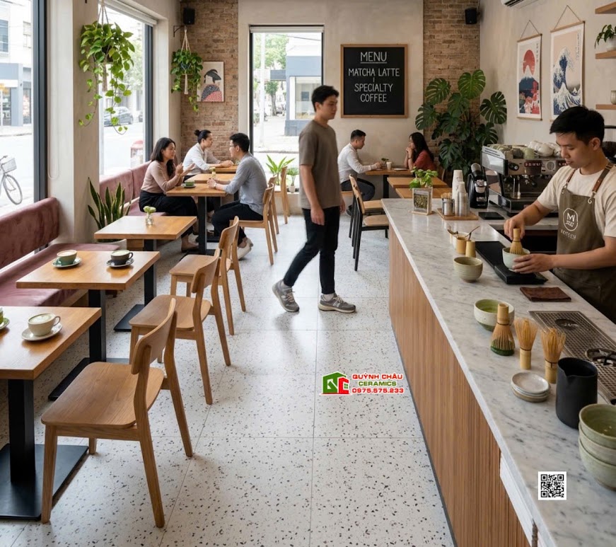 Gạch kis 60x120 terrazzo lát nền quán cafe