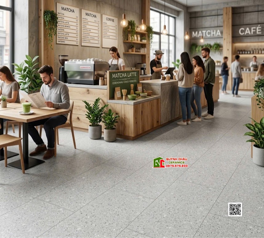 Gạch 60x120 terrazzo kis mờ xám lát nền quán cafe