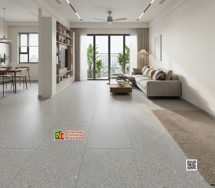 Gạch terrazzo mờ xám 60x120 kis lát nền phòng khách