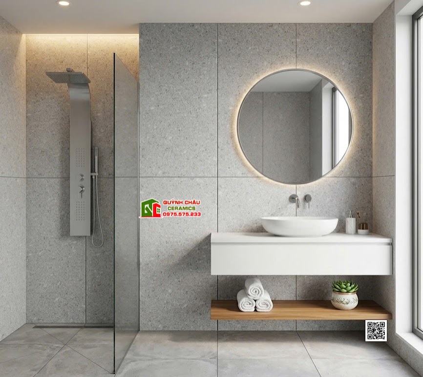 Gạch kis 60x120 terrazzo mờ xám ốp tường phòng tắm