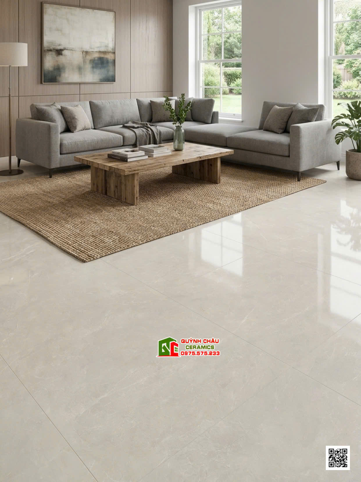 Gạch 100x100 trung quốc lát nền phòng khách vân đá xám nhạt