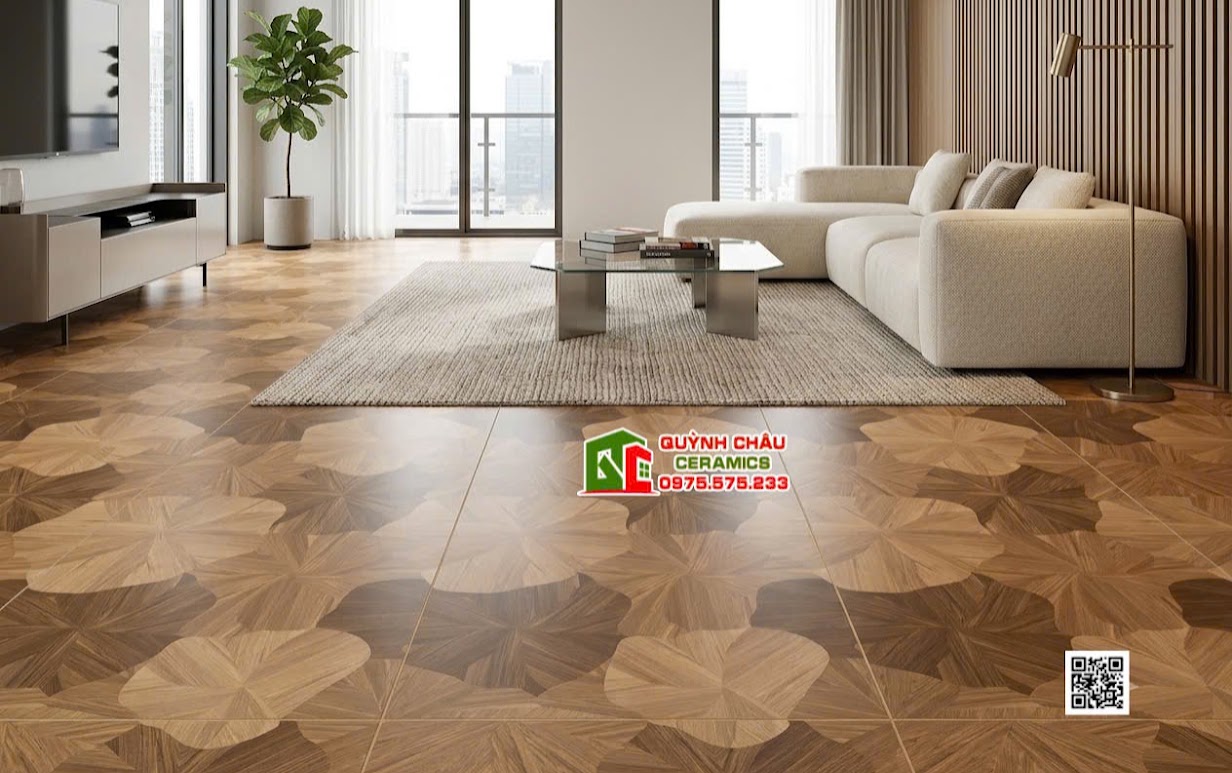 Gạch 60x120 hoa văn lá sen giả gỗ lát phòng khách cao cấp