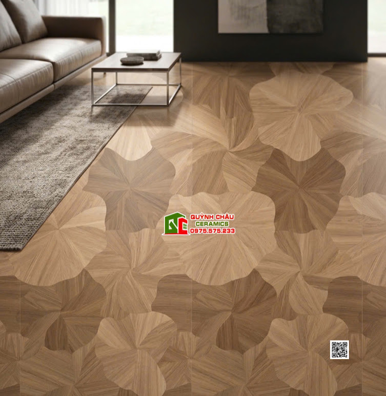 Gạch lát phòng khách 60x120 hoa văn lá sen trung quốc