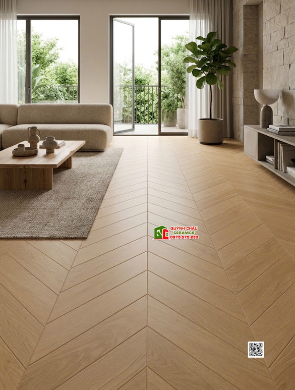 Gạch khổ lớn giả gỗ vân xương cá 60x120 lát nền phòng khách đẹp