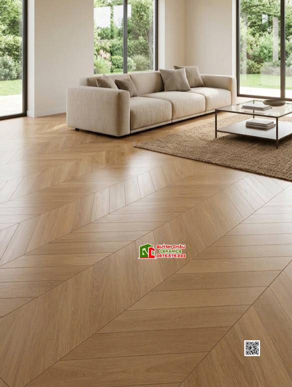 Gạch giả gỗ nâu nhạt vân xương cá 60x120 lát nền phòng khách